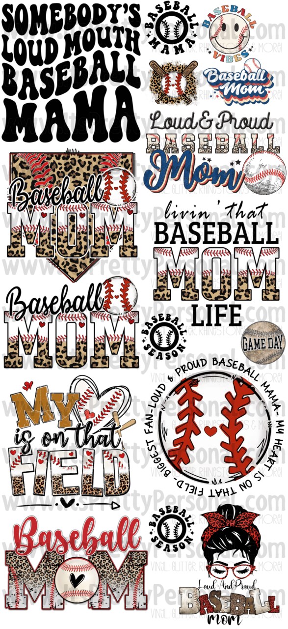 DESIGN #5- Baseball Mom DTF Gang Sheet 22"x48" (Fabric Transfers)